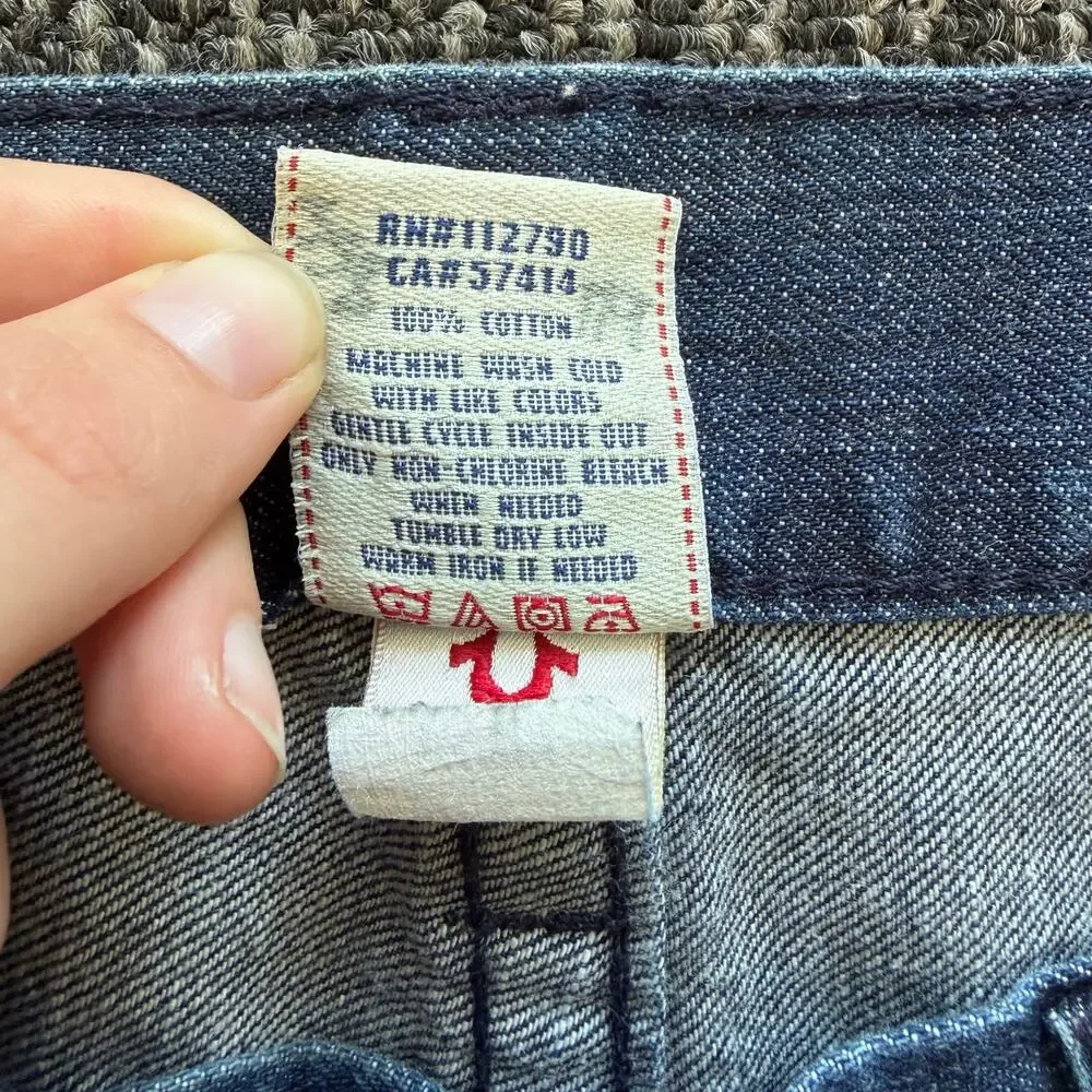 True Religion Boot Cut Denim Jeans Mens Faded Distressed Flap Pocket USA 38x34